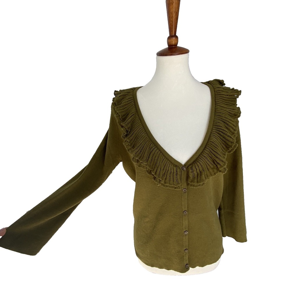 Talbots L Top Sweater Cardigan Wool Blend Pullover Blouse Knit Green Ruffle